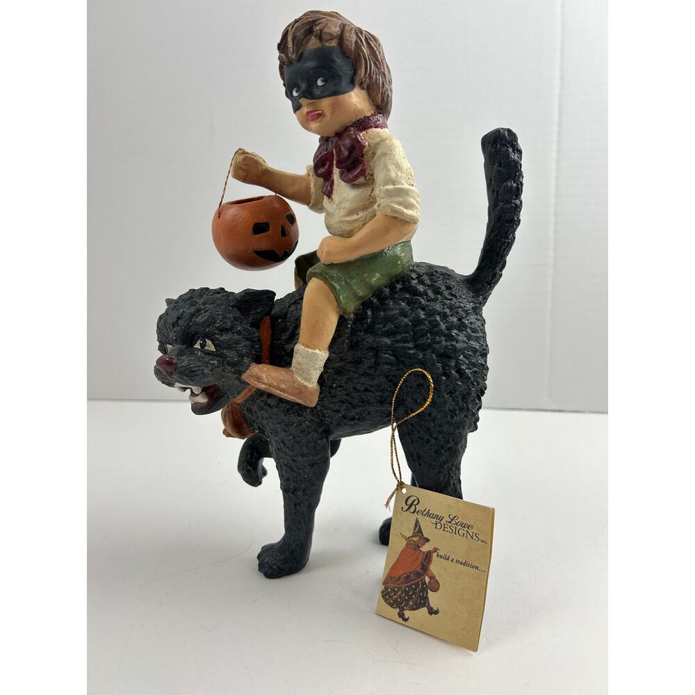 Bethany Lowe Masked Trick-or-Treater Riding Black Cat Halloween Figurine